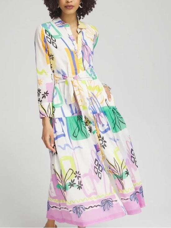 Chico's Dresses & Skirts - Chico’s Cotton Silk Abstract Floral Tiered Maxi Shirt Dress in Multi-Color LS 6